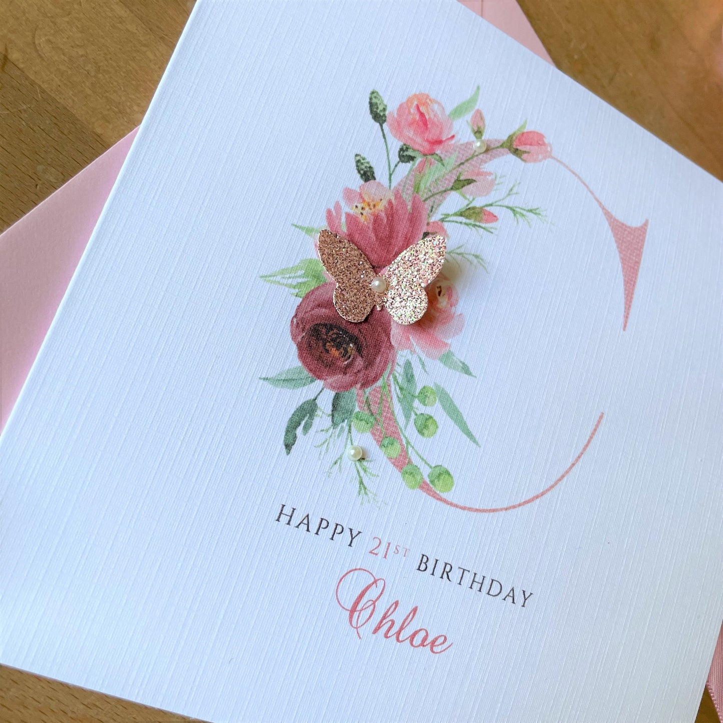 Personalised Birthday Card - Rose Gold Monogram Floral Initial Card with Glitter Butterfly and Pearls